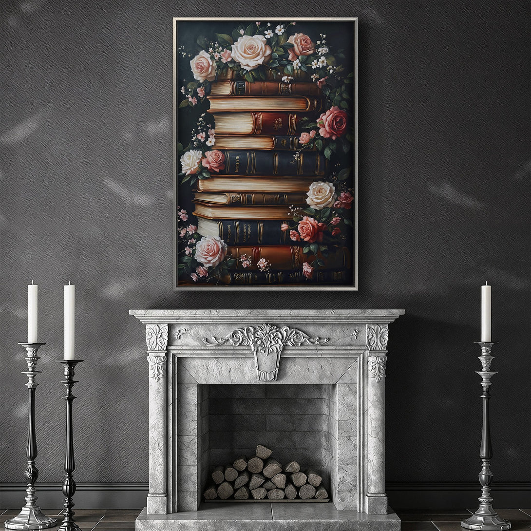 Framed Wall Art: Romantic floral still life Canvas Print featuring vintage books and roses in a dark, moody color palette. Perfect for elegant decor.