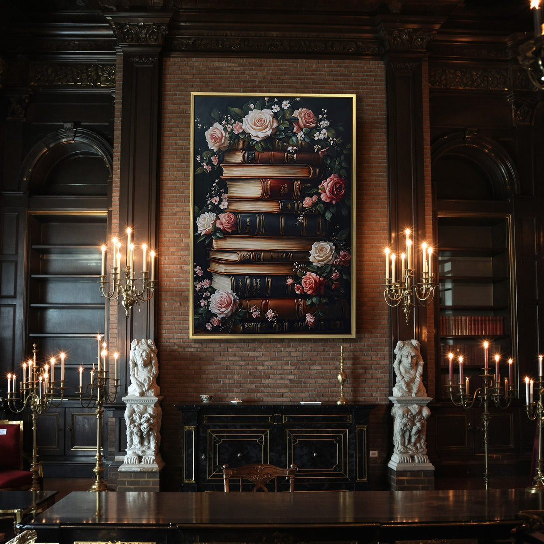 Canvas Print featuring a stack of books and roses, dark academia style, with a warm, moody color palette. Perfect wall decor!