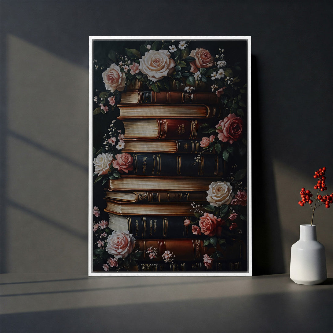 Framed Wall Art featuring a stack of vintage books and roses in a dark, romantic style. Earthy tones with pops of pink and green. Perfect for home decor.