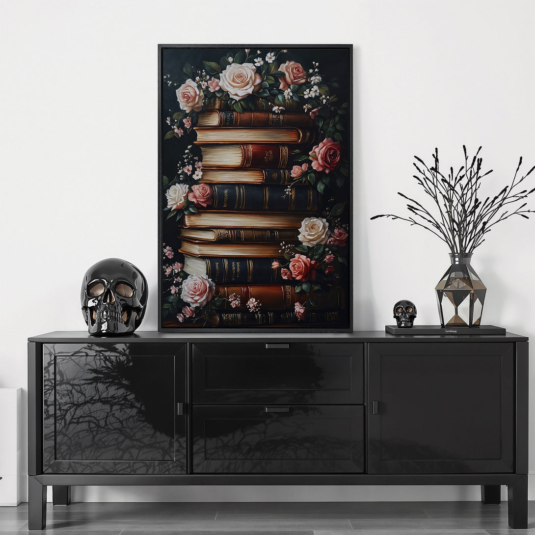 Framed Wall Art: Romantic floral print featuring roses and books in a dark, moody style. Earthy tones with pops of pink and white. Perfect home decor!