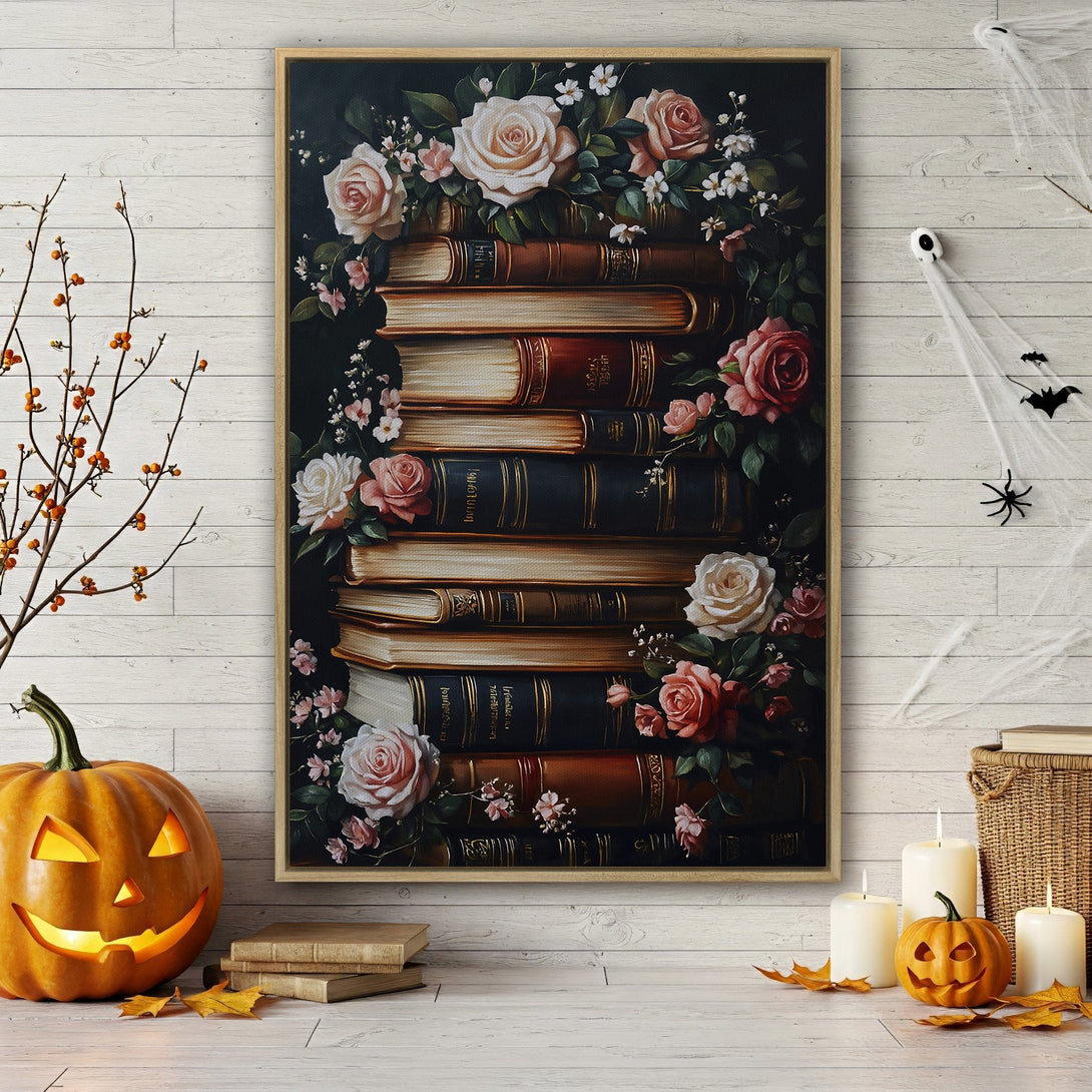 Framed Wall Art featuring a stack of books and roses, in a romantic, vintage style with a dark, moody color palette. Perfect for adding elegance to your home!