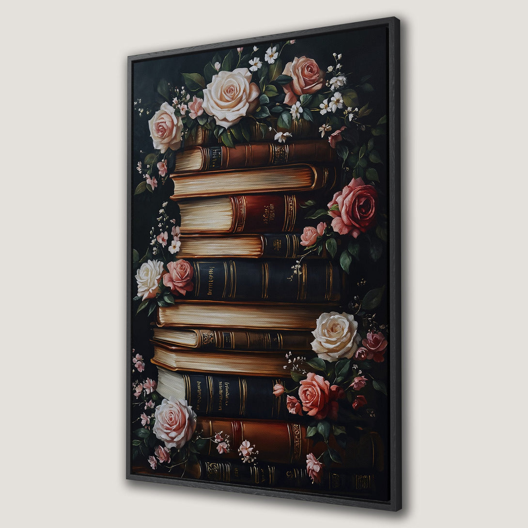 Framed Wall Art: Vintage floral print featuring a stack of books and roses in a dark, romantic color palette. Perfect for adding elegance to any space.