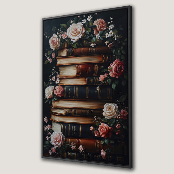 Framed Wall Art: Vintage floral print featuring a stack of books and roses in a dark, romantic color palette. Perfect for adding elegance to any space.