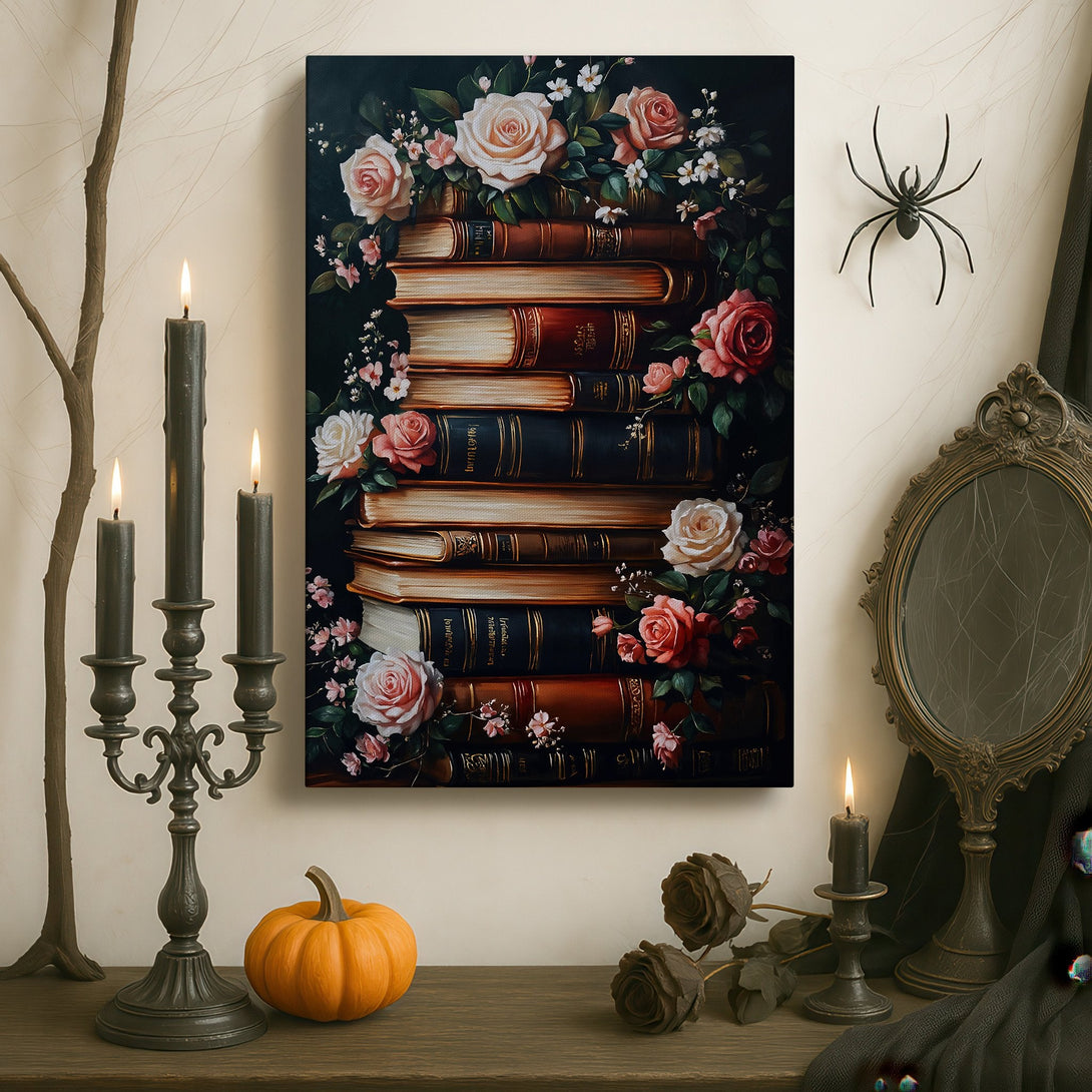 Framed Wall Art Canvas Print featuring a stack of books with roses, in a classic style, with a warm color palette.