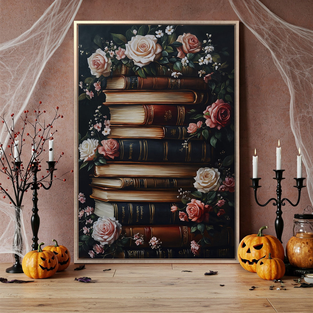 Framed Wall Art featuring a stack of vintage books and roses, with a moody, dark aesthetic. Warm color palette with pops of pink and cream. Perfect for fall decor.
