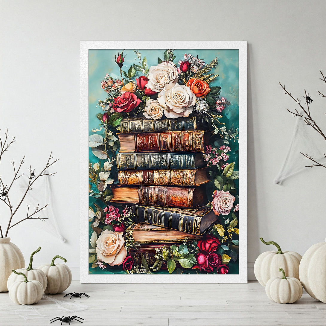 Framed Poster featuring a stack of books and flowers, artistic style, with a teal, red, and cream color palette.