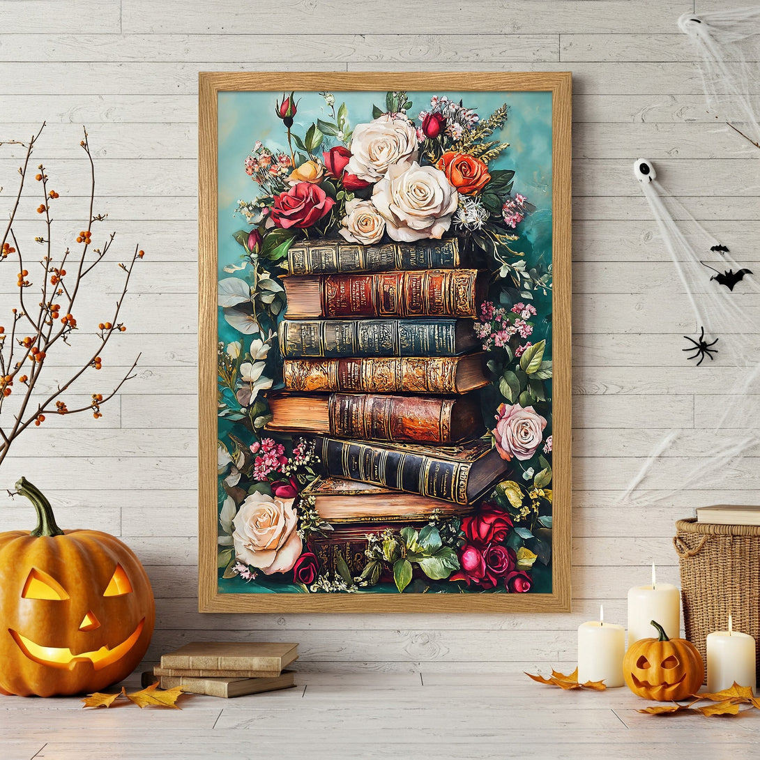 Framed Poster featuring a stack of books and roses, with a vintage style and a warm, autumnal color palette. Perfect for Halloween decor!