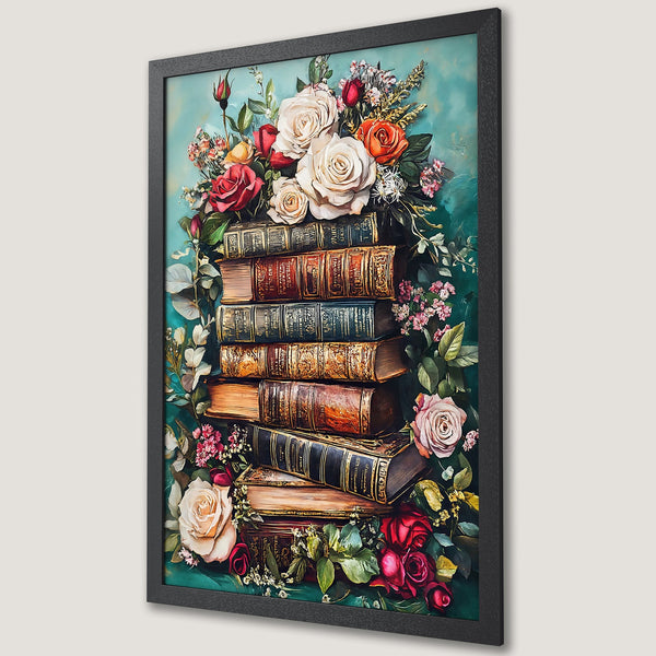 Framed Poster featuring a stack of vintage books and lush floral arrangement in a romantic style with a teal and red color palette.