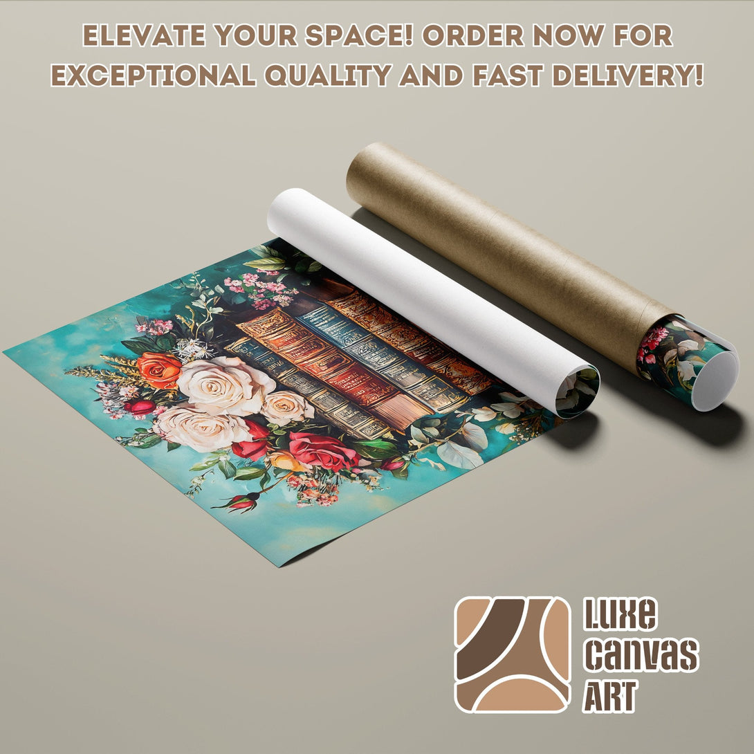 Floral Poster Roll with books and roses, teal & warm color palette. Elevate your space!