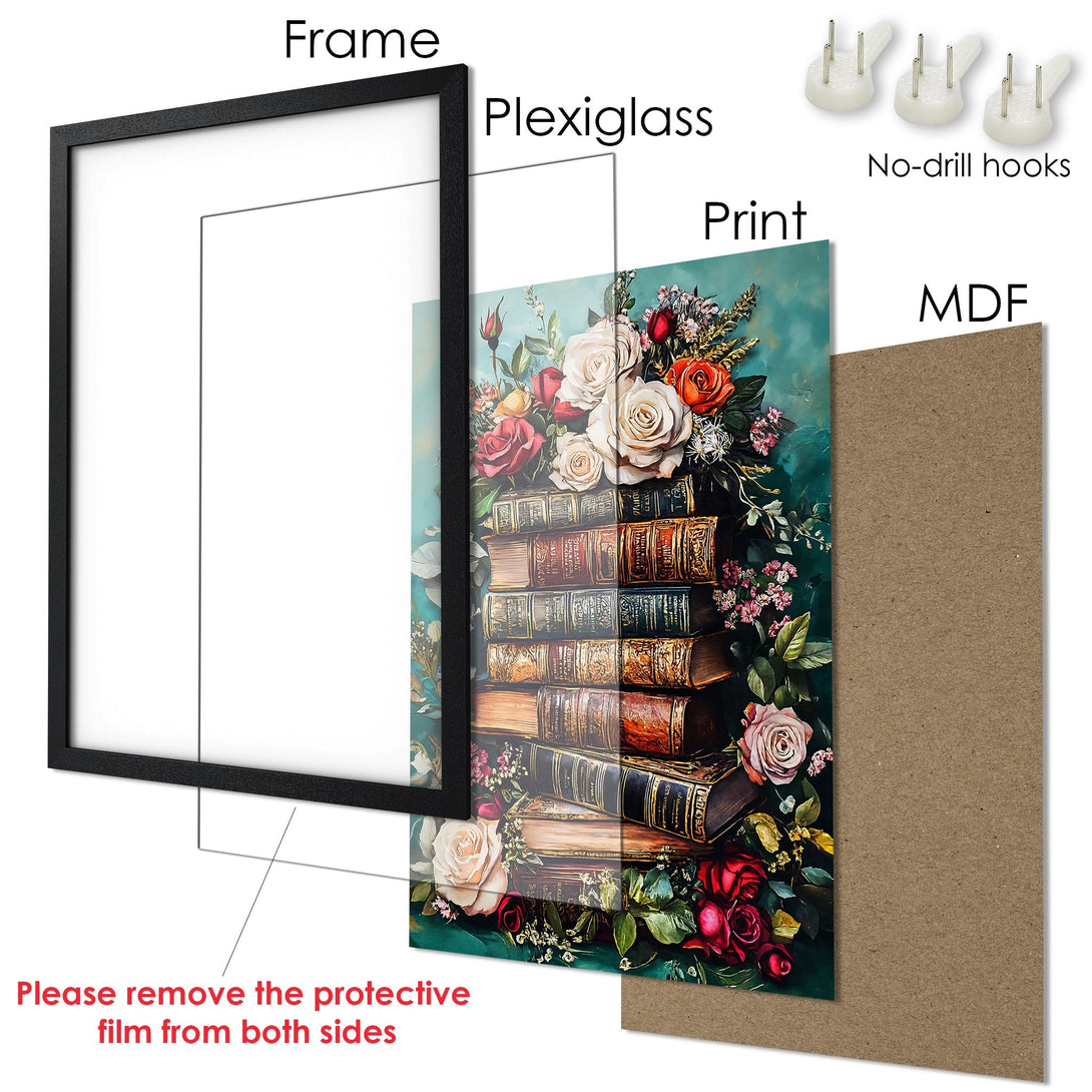 Framed Poster featuring floral and book art, rich jewel tones, and a vintage style. Perfect wall decor!