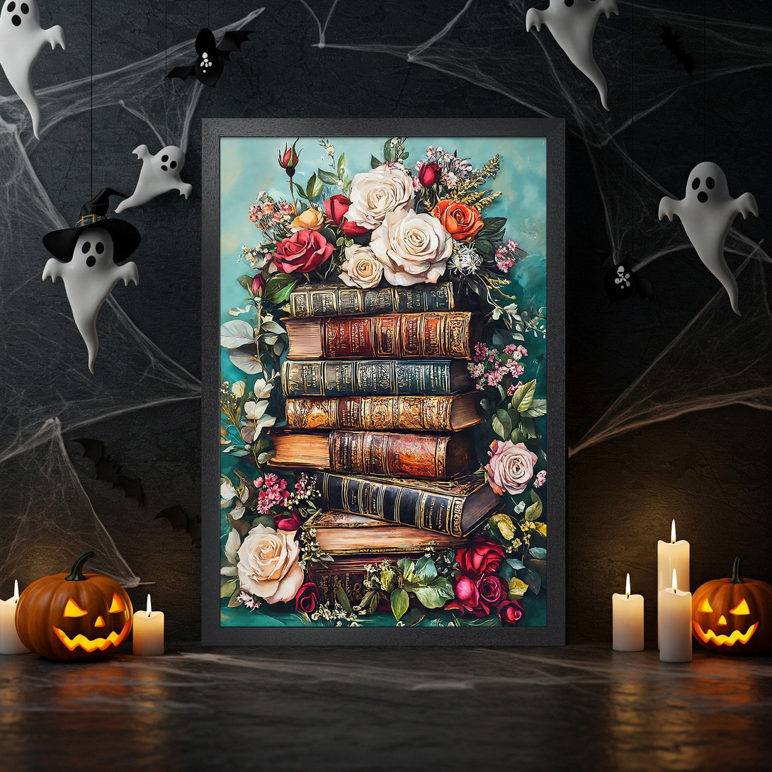 Framed Poster featuring vintage books and roses, with a dark, moody color palette perfect for Halloween decor.