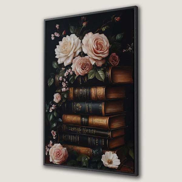 Framed Wall Art Canvas Print featuring a vintage still life of roses and books. Dark, moody color palette with reds, blacks, and greens. Perfect for adding a touch of elegance.