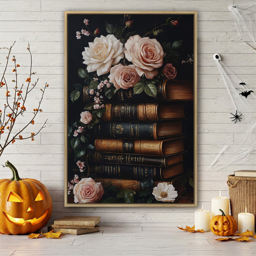 Framed Wall Art: Floral still life Canvas Print with roses and books, rich reds and dark tones, displayed in a modern living room.