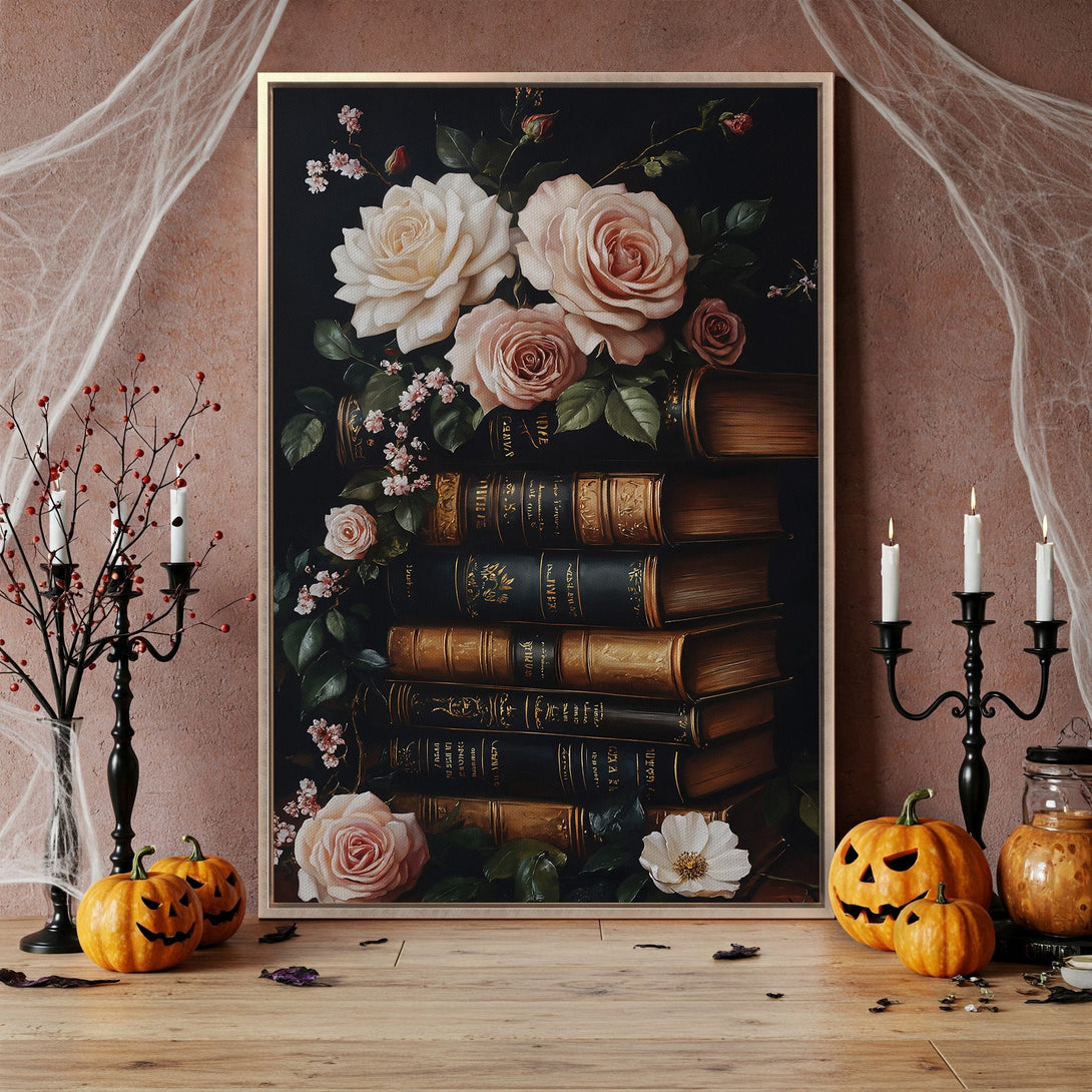 Framed Wall Art featuring a romantic still life of roses and books. Rich, dark color palette with pink interior decor. Perfect for adding elegance to your space.