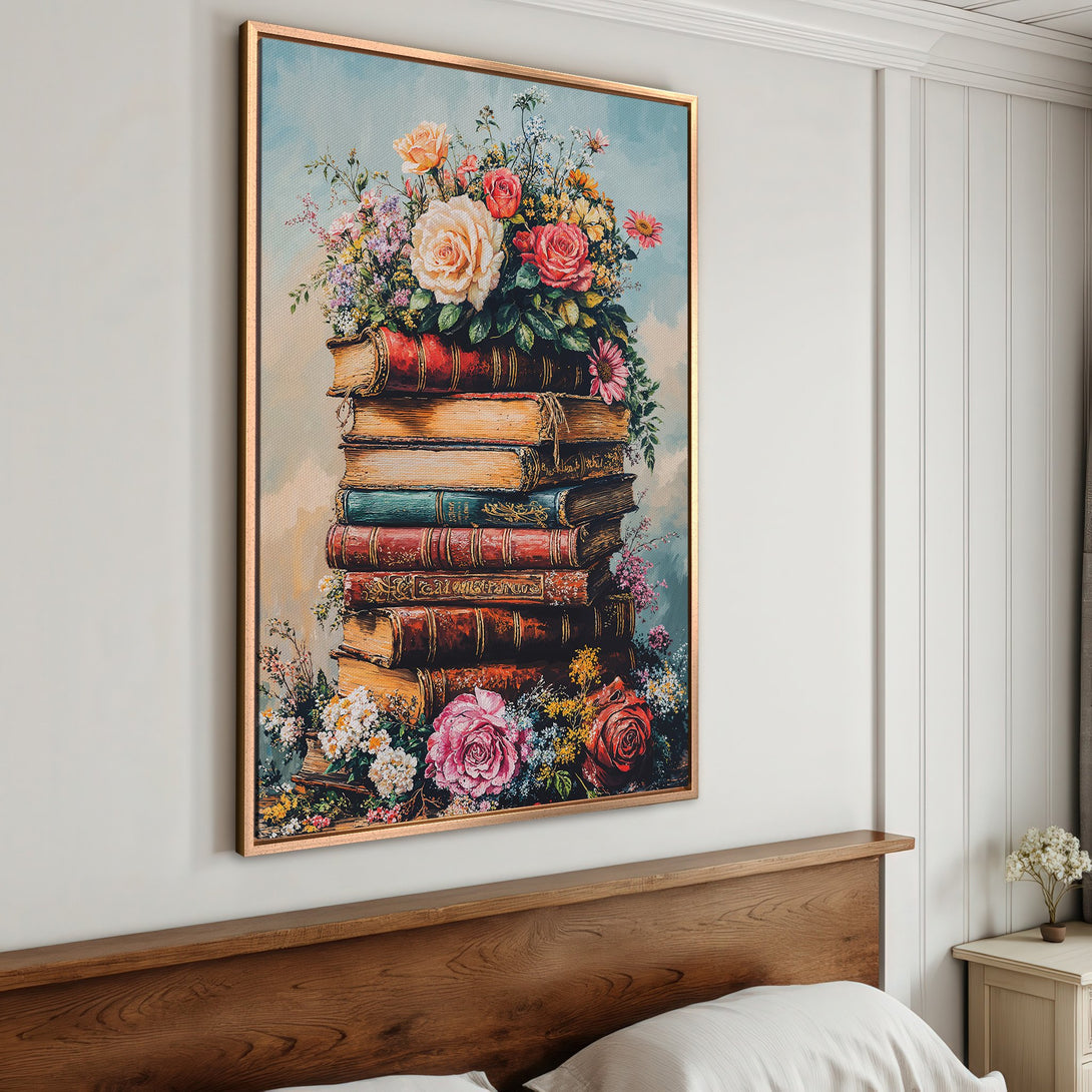Framed Wall Art featuring a floral still life on a stack of books, with a warm, vintage color palette. Perfect for adding a touch of elegance!