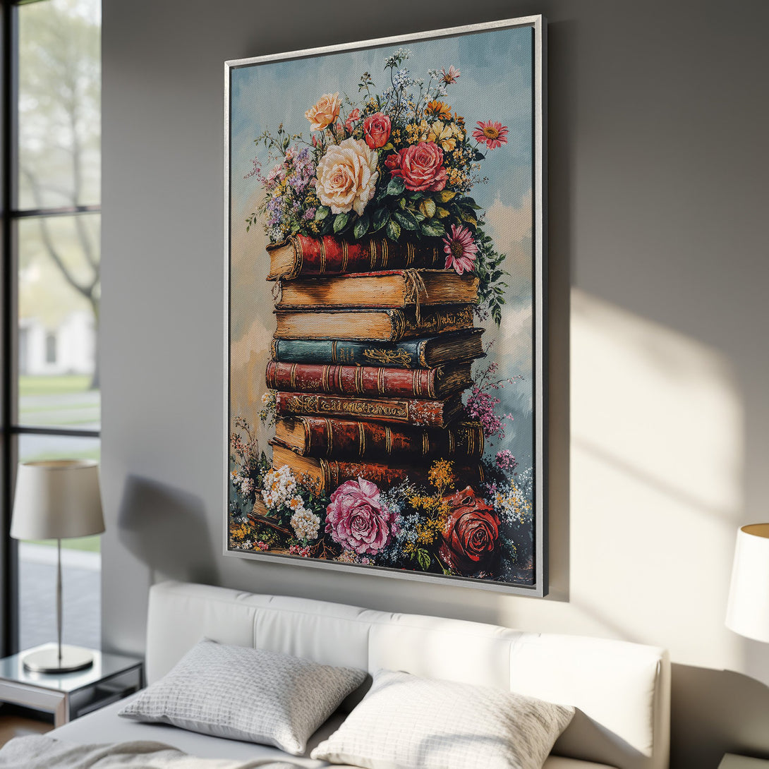 Framed Wall Art: Vintage floral painting on canvas. Romantic style with roses and books in a warm, inviting color palette. Perfect for bedroom decor.