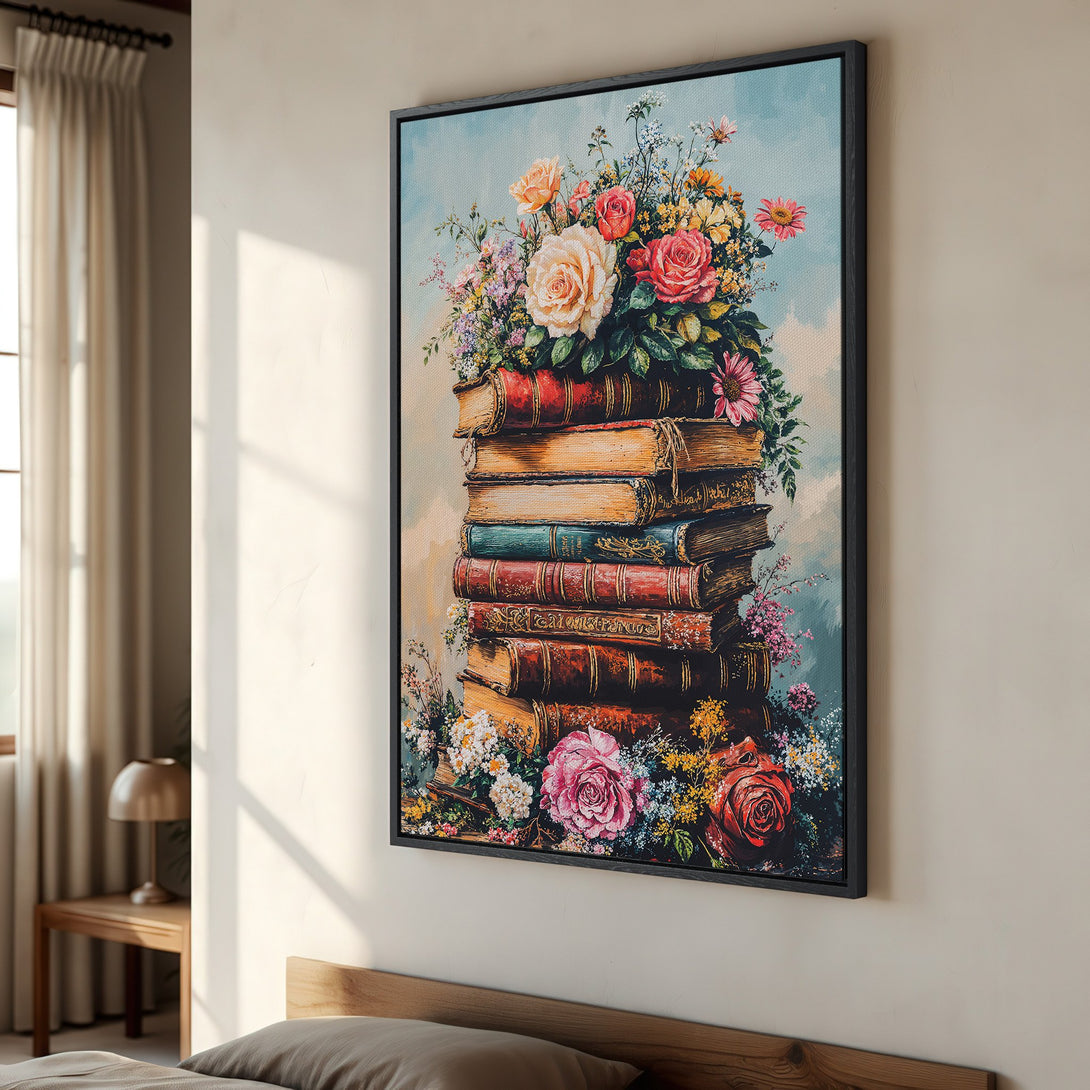 Framed Wall Art: Vintage floral art print featuring a stack of books with roses and flowers. Warm, romantic color palette. Perfect for home decor.
