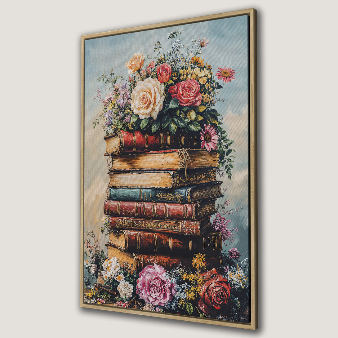 Framed Wall Art featuring a stack of vintage books topped with a floral arrangement. Warm, romantic color palette with roses and a light blue background.