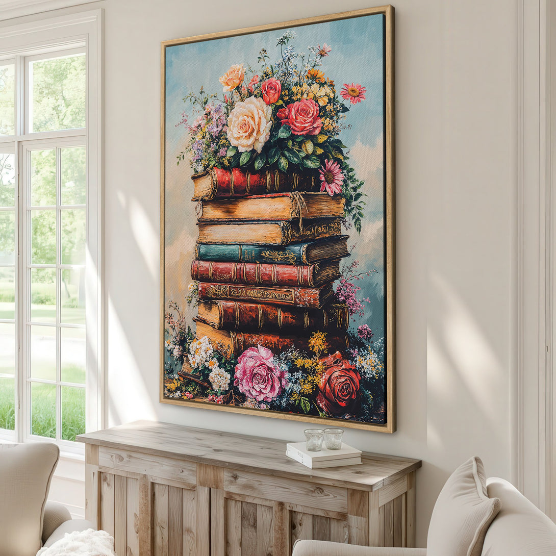 Framed Wall Art: Floral still life Canvas Print featuring a stack of books, vibrant roses, and a soft, romantic color palette. Perfect for home decor!