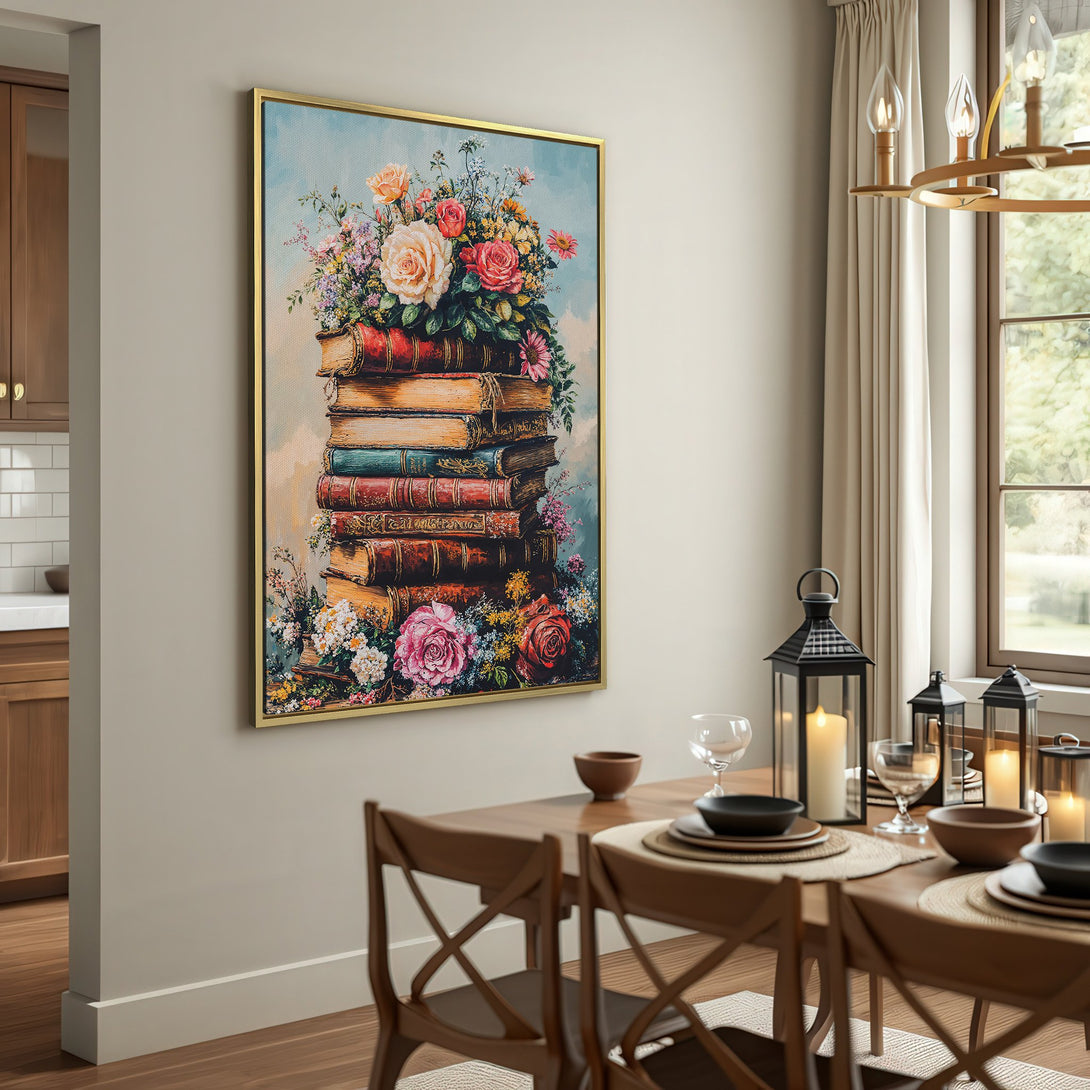 Canvas Print of vintage books and flowers, warm color palette, perfect for rustic home decor.