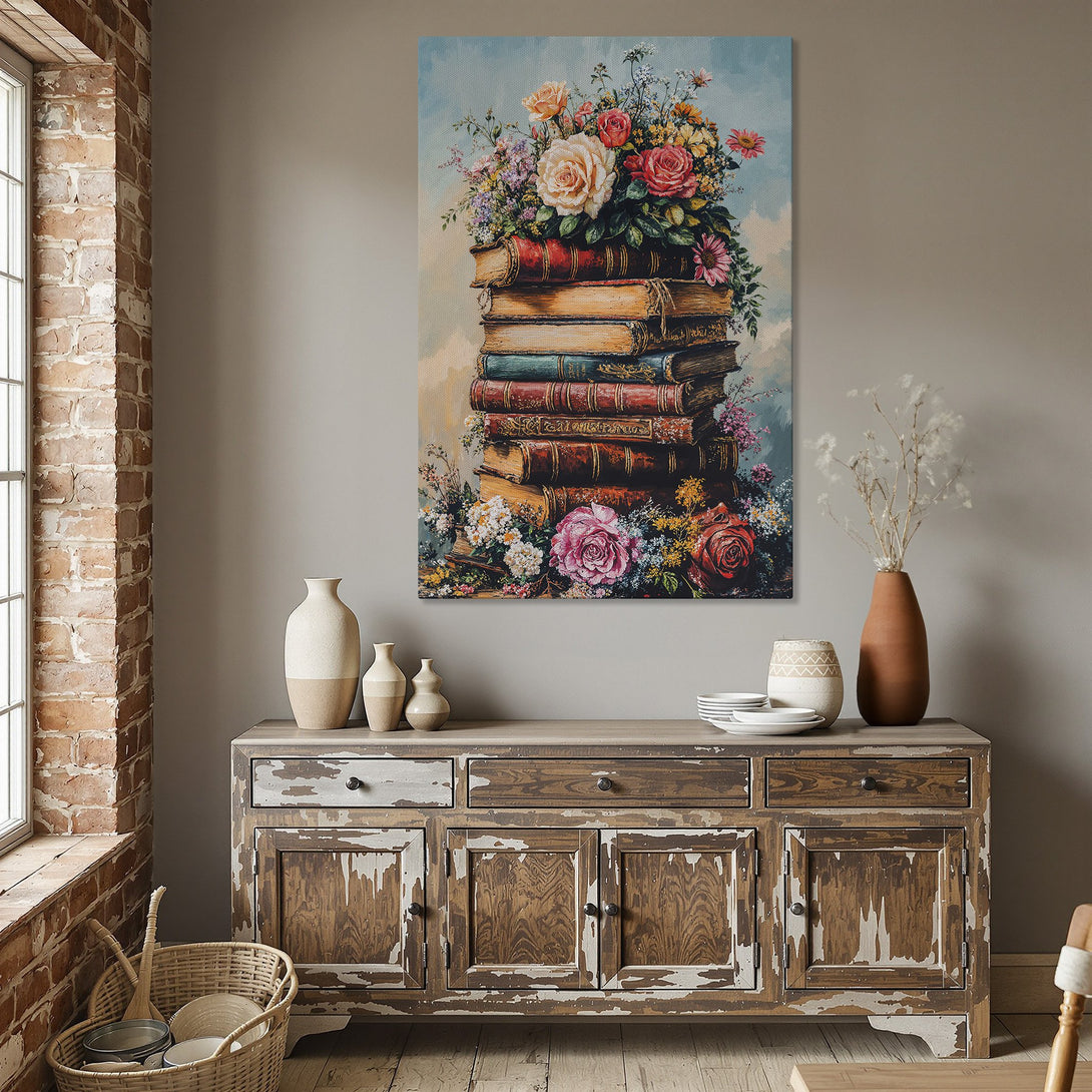 Framed Wall Art: Vintage floral still life Canvas Print. Romantic style with warm, neutral tones and pops of color. Perfect for dining room decor.