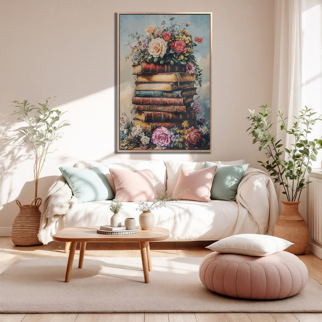 Framed Wall Art featuring a floral still life on books. Soft, romantic style with a warm, neutral color palette, perfect for living room decor.