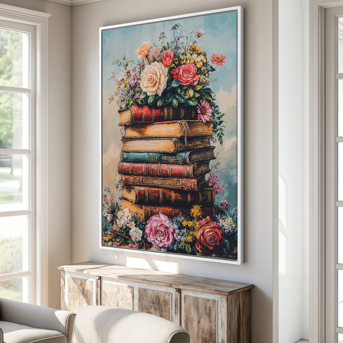 Framed Wall Art featuring a vibrant floral arrangement atop a stack of books. Romantic style with a warm, inviting color palette of reds, pinks, and blues.