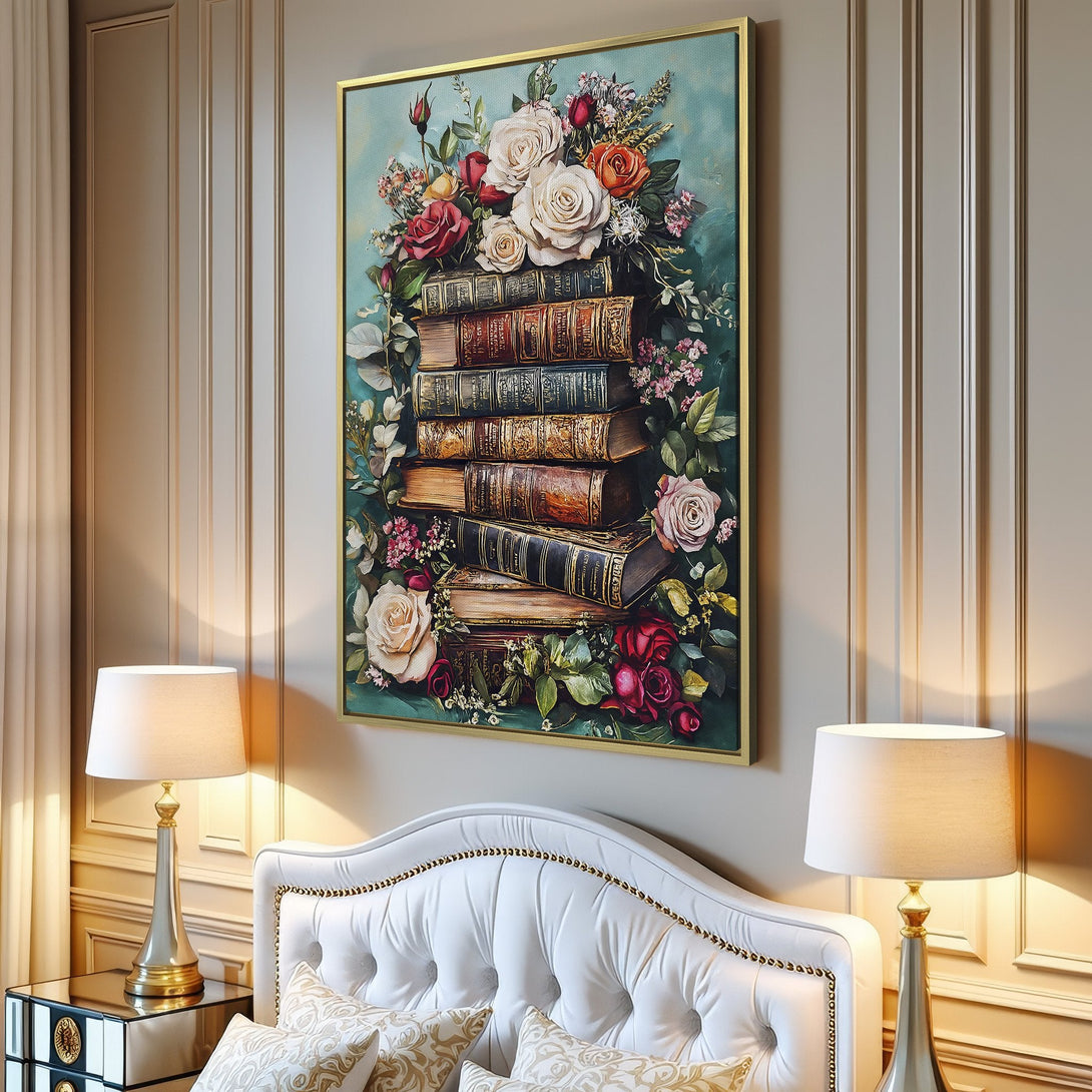 Canvas Print featuring a stack of vintage books and roses. Romantic style with a warm, inviting color palette. Perfect wall art for any room.