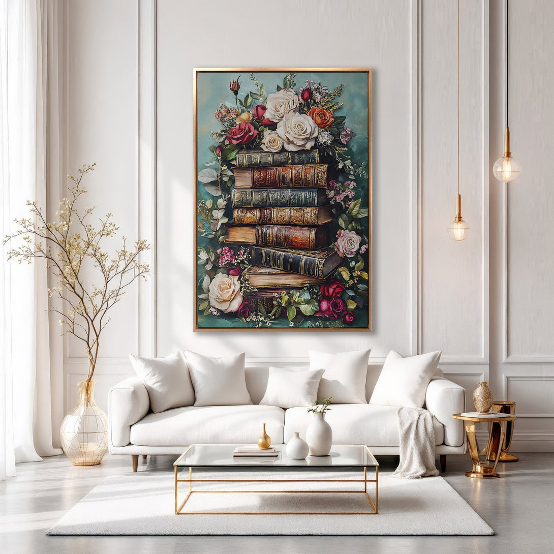 Framed Wall Art featuring a floral and book still life. Elegant, vintage style with a teal, red, and cream color palette. Perfect for living room decor.