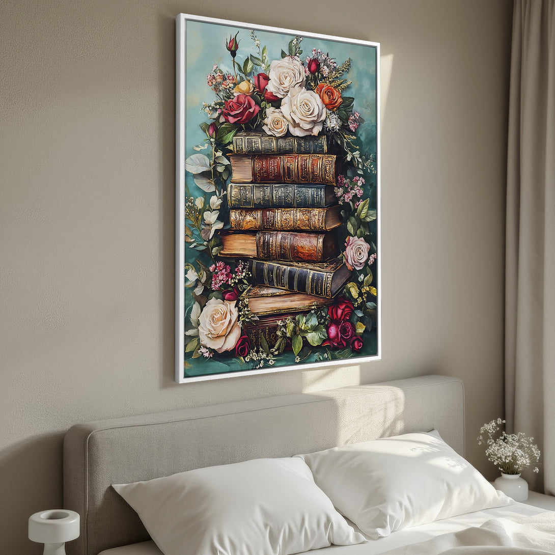 Framed Wall Art: Romantic floral & book stack print in warm tones. Perfect bedroom decor. Vintage style canvas print with roses and books.