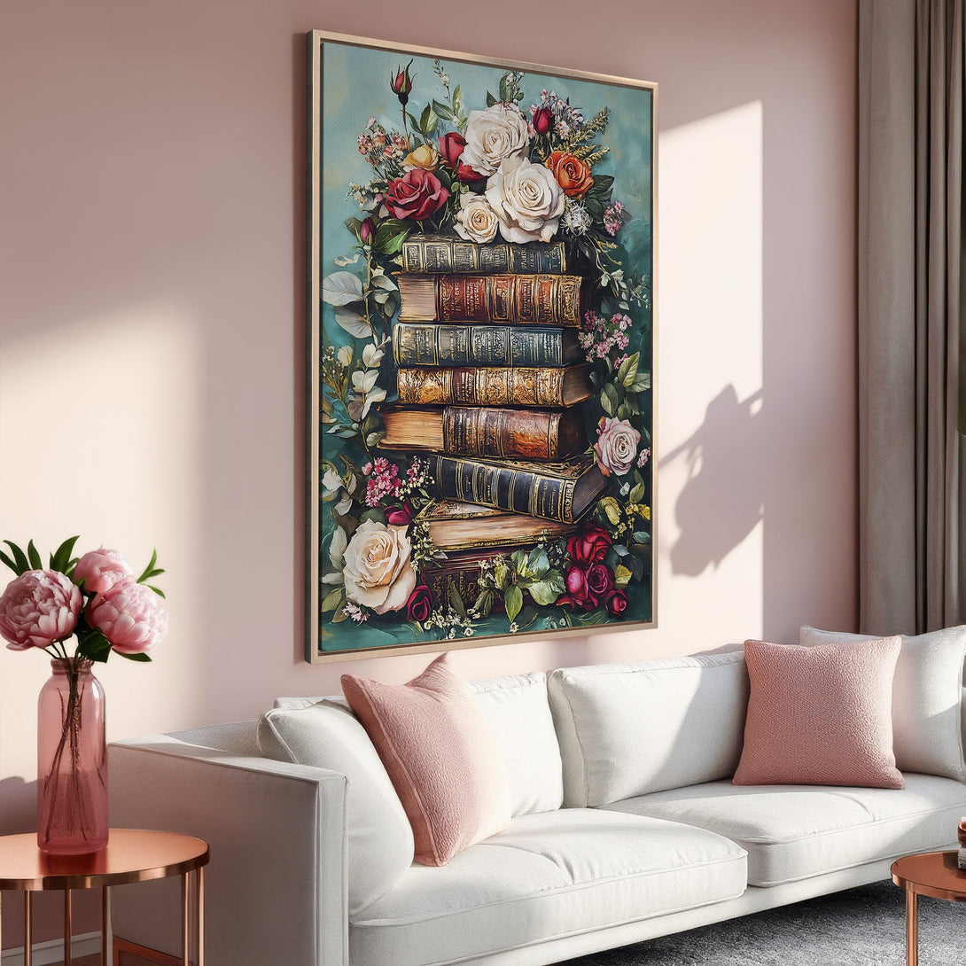 Framed Wall Art: Vintage floral print with roses and books, displayed in a modern living room. Soft pink and teal color palette, perfect for home decor.