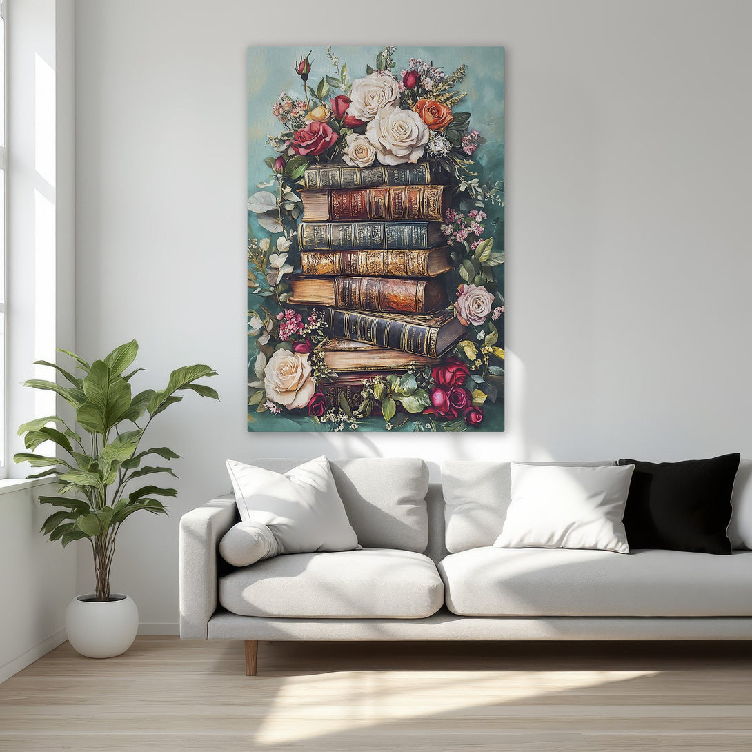 Framed Wall Art: Vintage floral print with roses and books. Romantic style, warm color palette, perfect for bedroom decor.