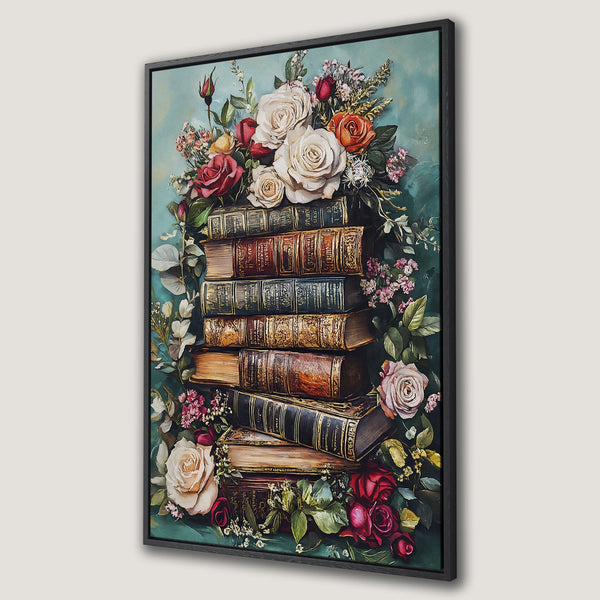Framed Wall Art Canvas Print featuring a stack of antique books surrounded by roses in a vintage style, with a rich, dark color palette.
