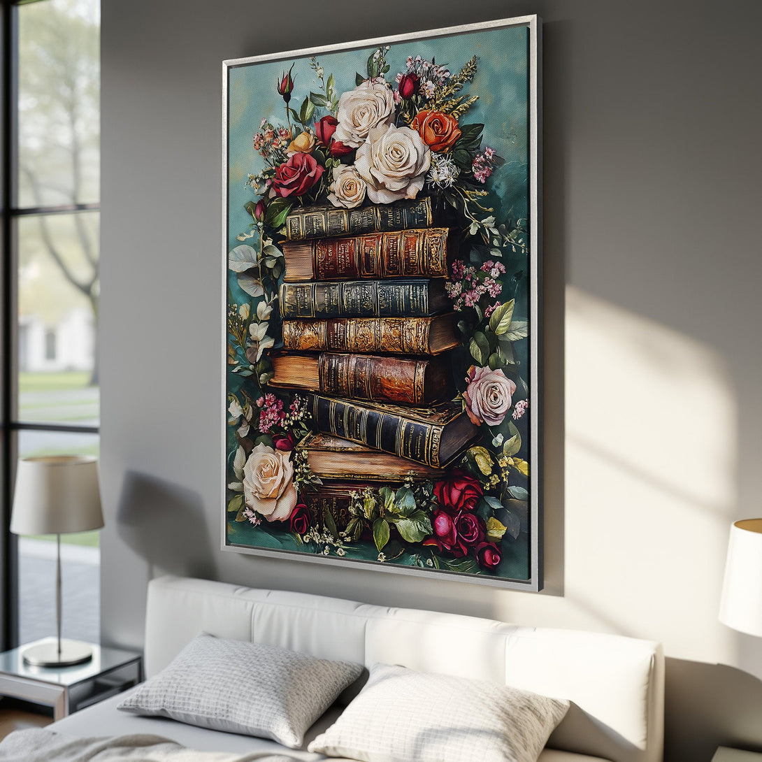 Framed Wall Art: Floral & book art print in a bedroom. Vintage style with a warm color palette of reds, oranges, and greens. Perfect for home decor.
