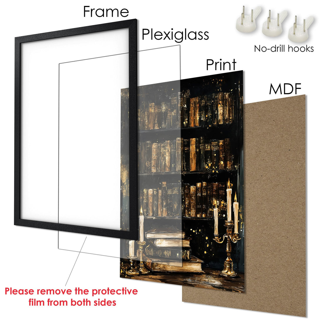 Framed Poster featuring a vintage library scene with warm gold and dark tones. Perfect for adding a touch of elegance to your space.