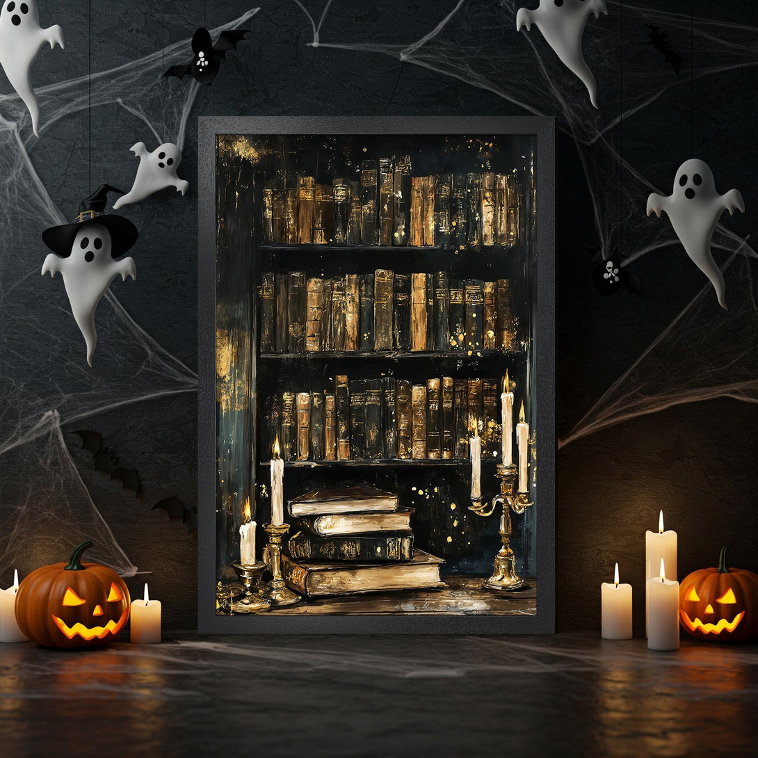 Framed Poster featuring a spooky bookshelf art print in a dark, gold, and black color palette, perfect for Halloween decor.