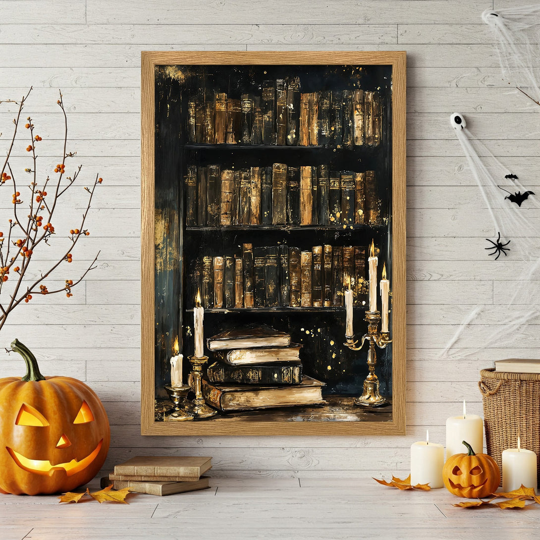 Framed Poster of a dark, antique bookshelf with gold accents, perfect for Halloween decor. Features a moody, warm color palette.