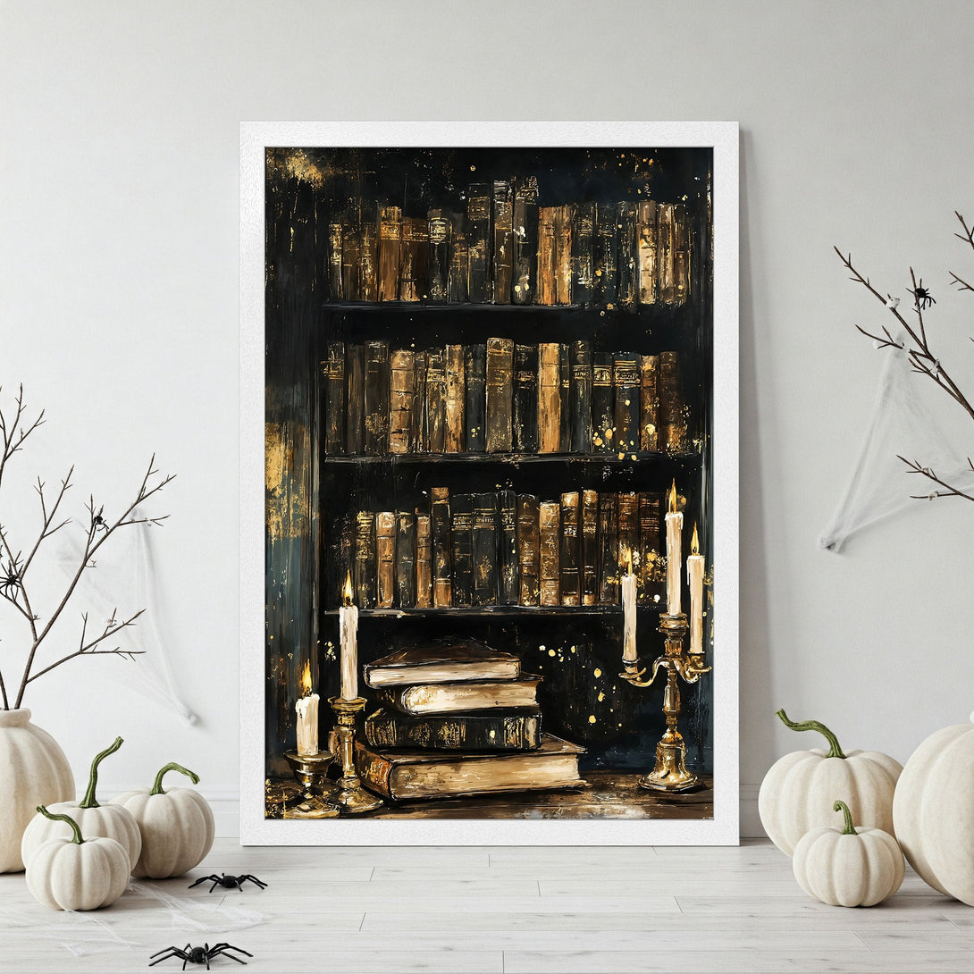 Framed Poster featuring a bookshelf, dark and gold tones, with a touch of spooky Halloween decor. Perfect for adding a touch of mystery!