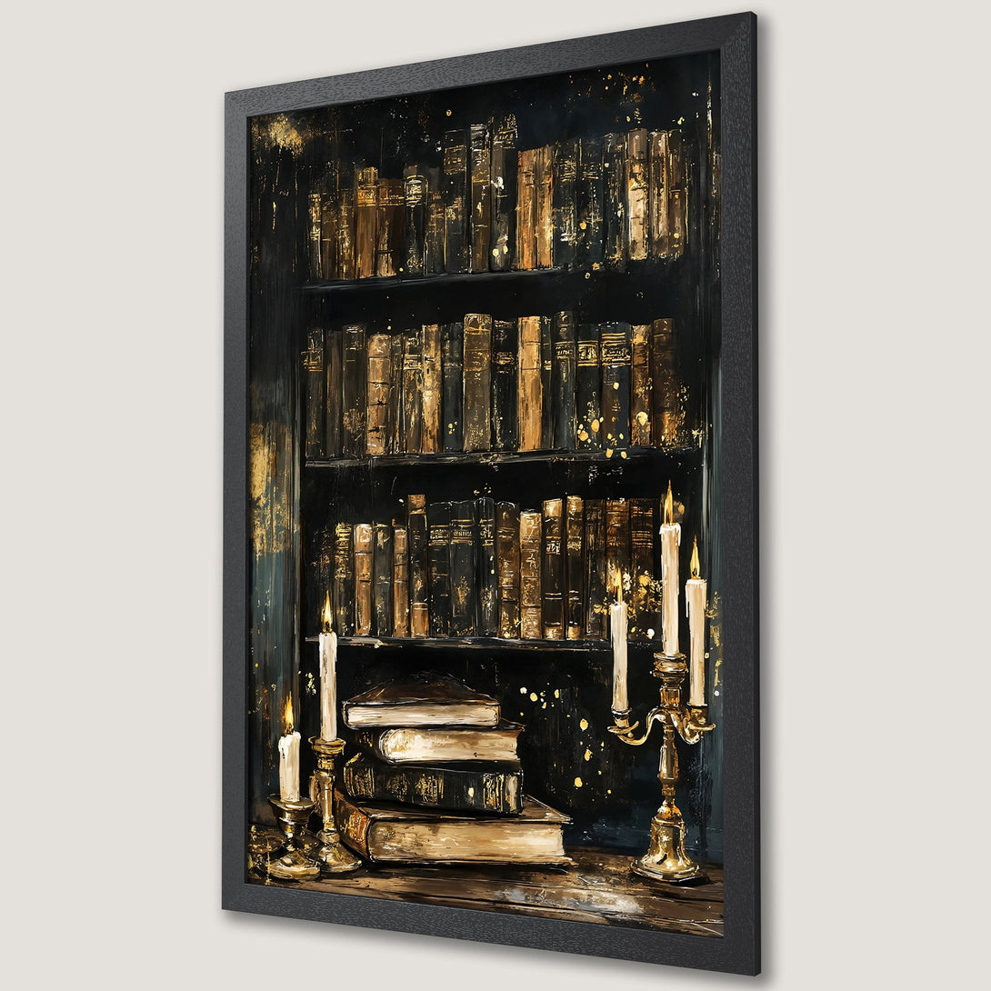 Framed Poster featuring a library scene with books & candles, in a dark and gold color palette, perfect for home decor.