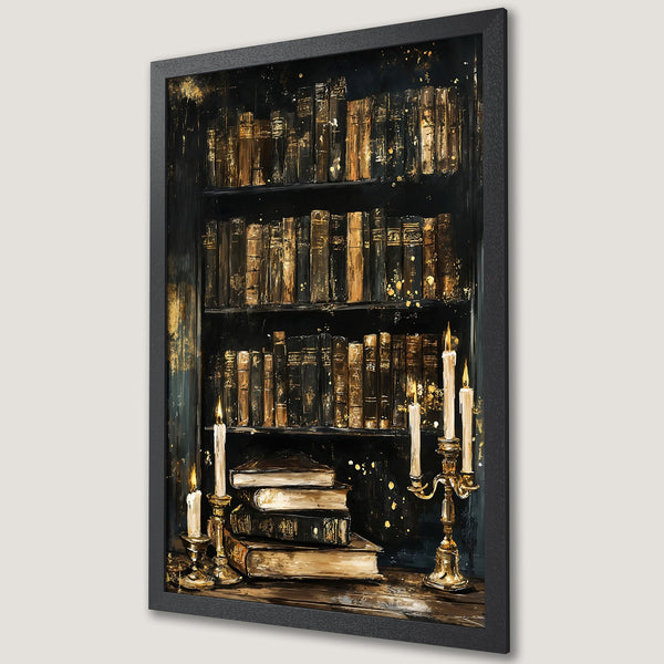 Framed Poster featuring a library scene with books & candles, in a dark and gold color palette, perfect for home decor.