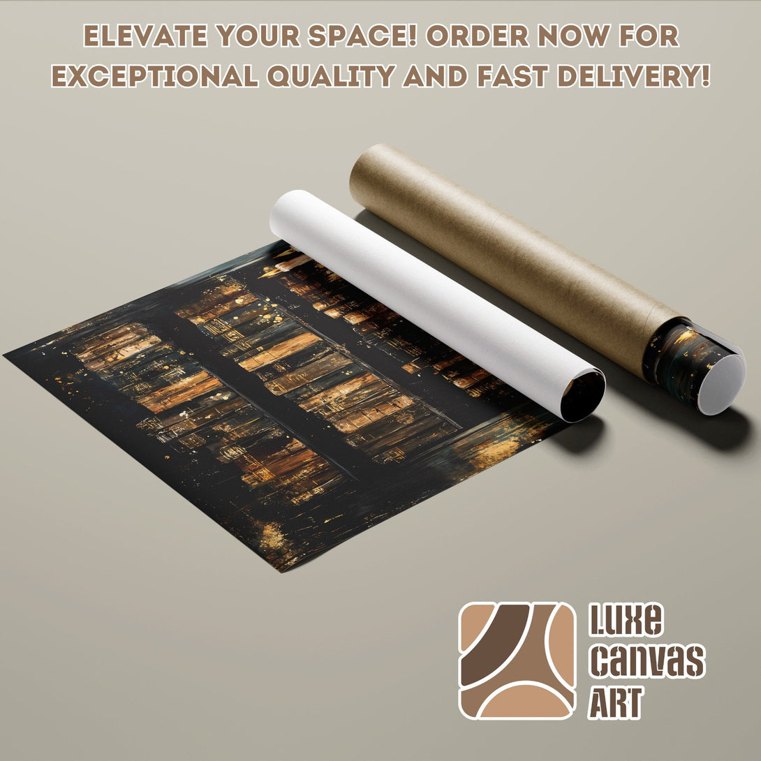 Abstract city lights Poster Roll, dark and gold color palette, ready to elevate your space.