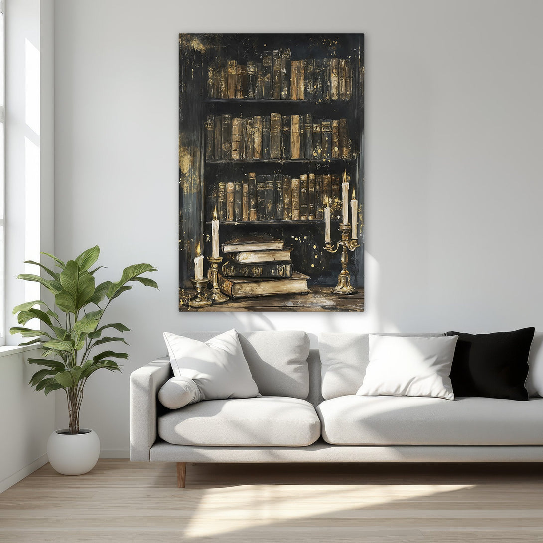 Framed Wall Art: Elegant bookshelf painting with gold accents. Dark, moody color palette. Perfect for a luxurious bedroom decor.