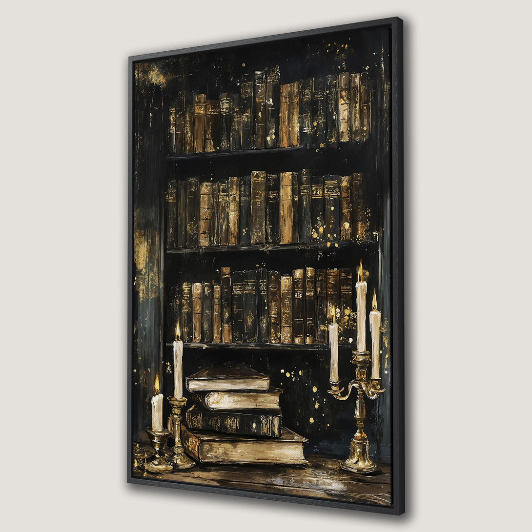 Framed Wall Art of a vintage bookshelf with candles. Rich, dark color palette with gold accents. Perfect for adding a touch of elegance.