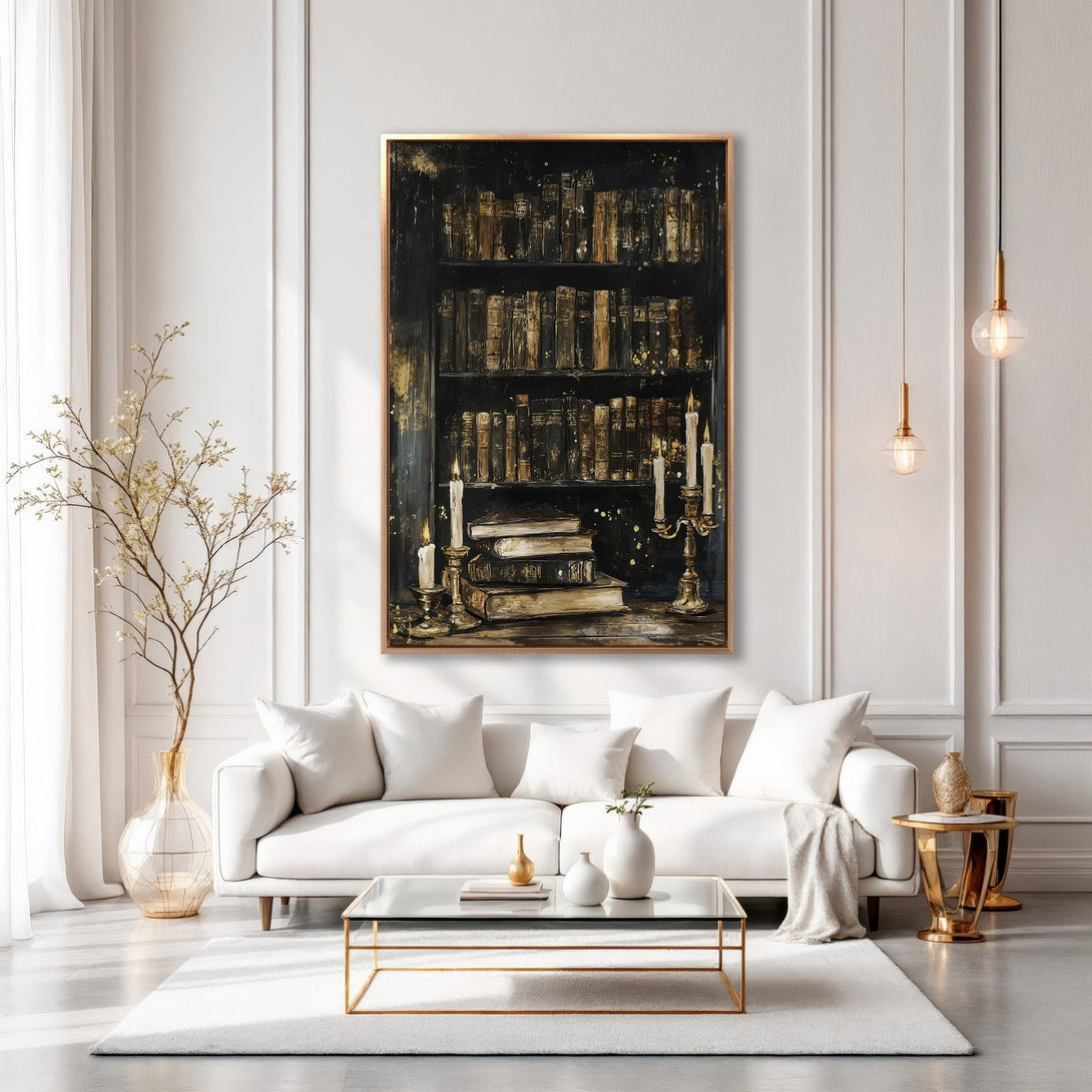 Framed Wall Art: Elegant bookshelf painting in a luxurious living room. Features a dark, rich color palette with gold accents. Perfect for adding sophistication to your space.