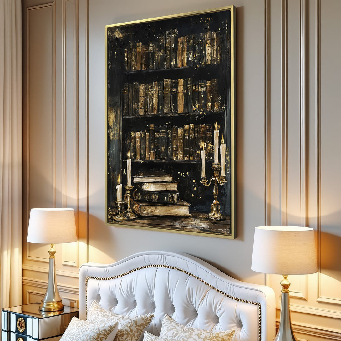 Canvas Print of a bookshelf with candles, in a dark, gold, and brown palette. Perfect for adding a touch of elegance to your living room.