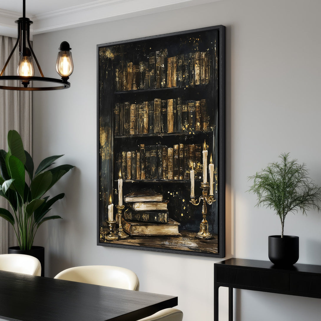 Framed Wall Art: Elegant library scene Canvas Print in black and gold tones. Perfect for adding a touch of sophistication to any room. Shop now!