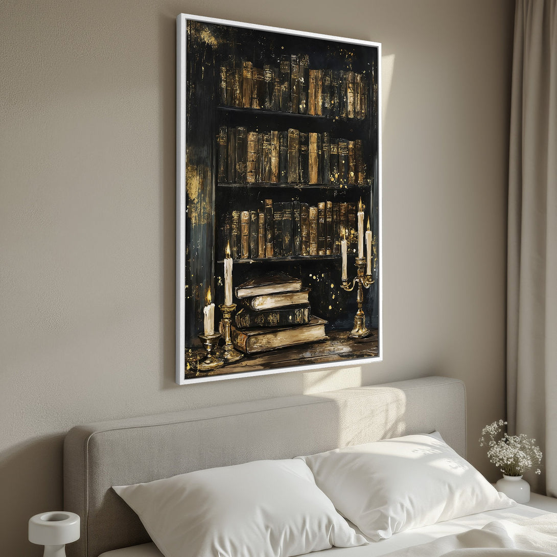 Framed Wall Art: Elegant bookshelf painting with candles, featuring a dark, gold, and brown color palette. Perfect for adding a touch of sophistication to any space.