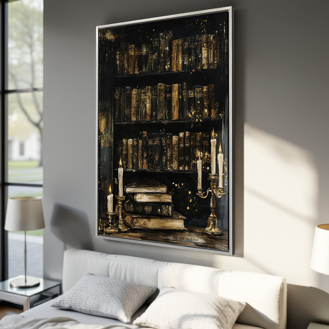 Framed Wall Art: Dramatic bookshelf canvas print with gold accents on black, adding a touch of luxury to any space. Perfect for home decor.