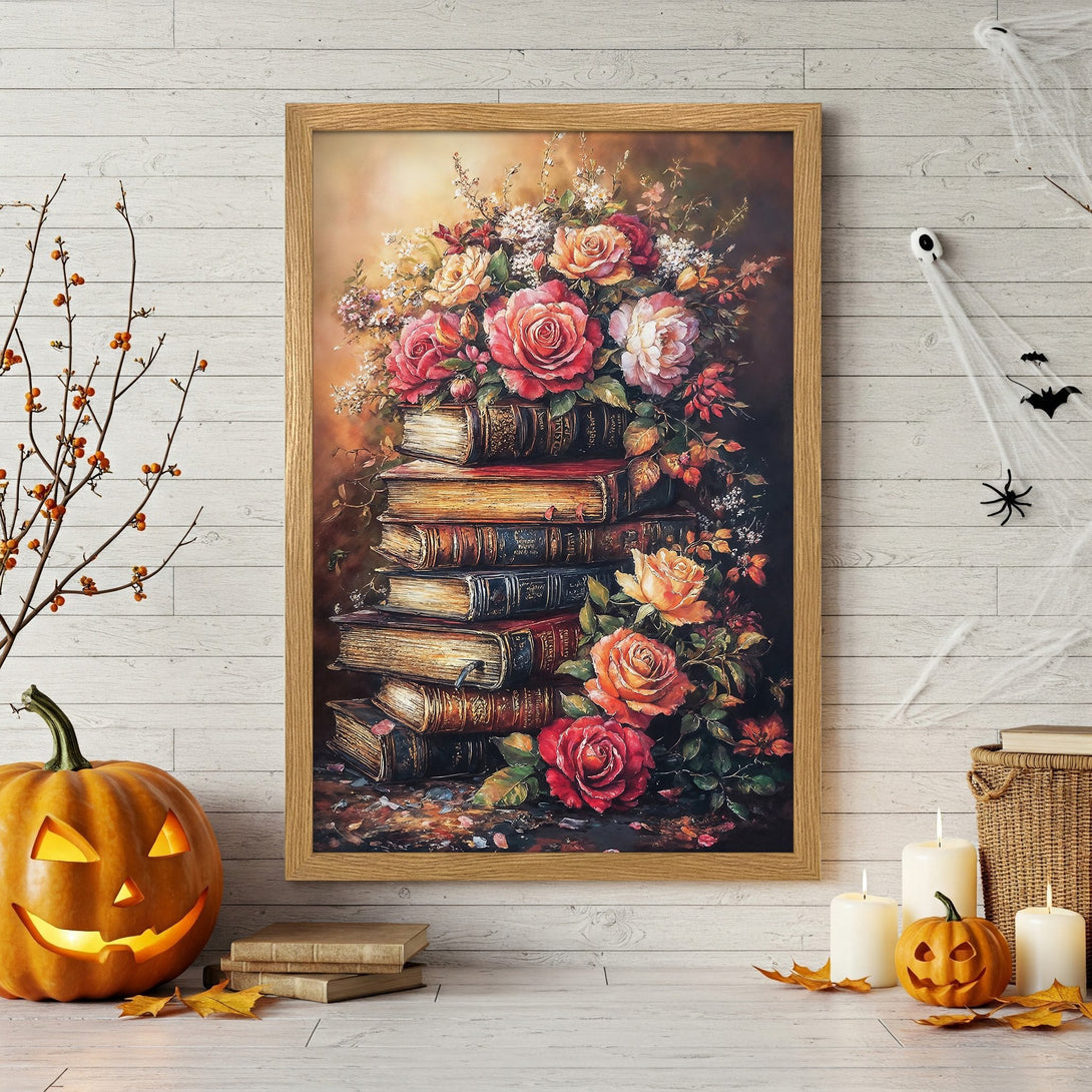 Framed Poster featuring a vintage floral still life with roses and books, warm autumnal tones. Perfect fall decor!