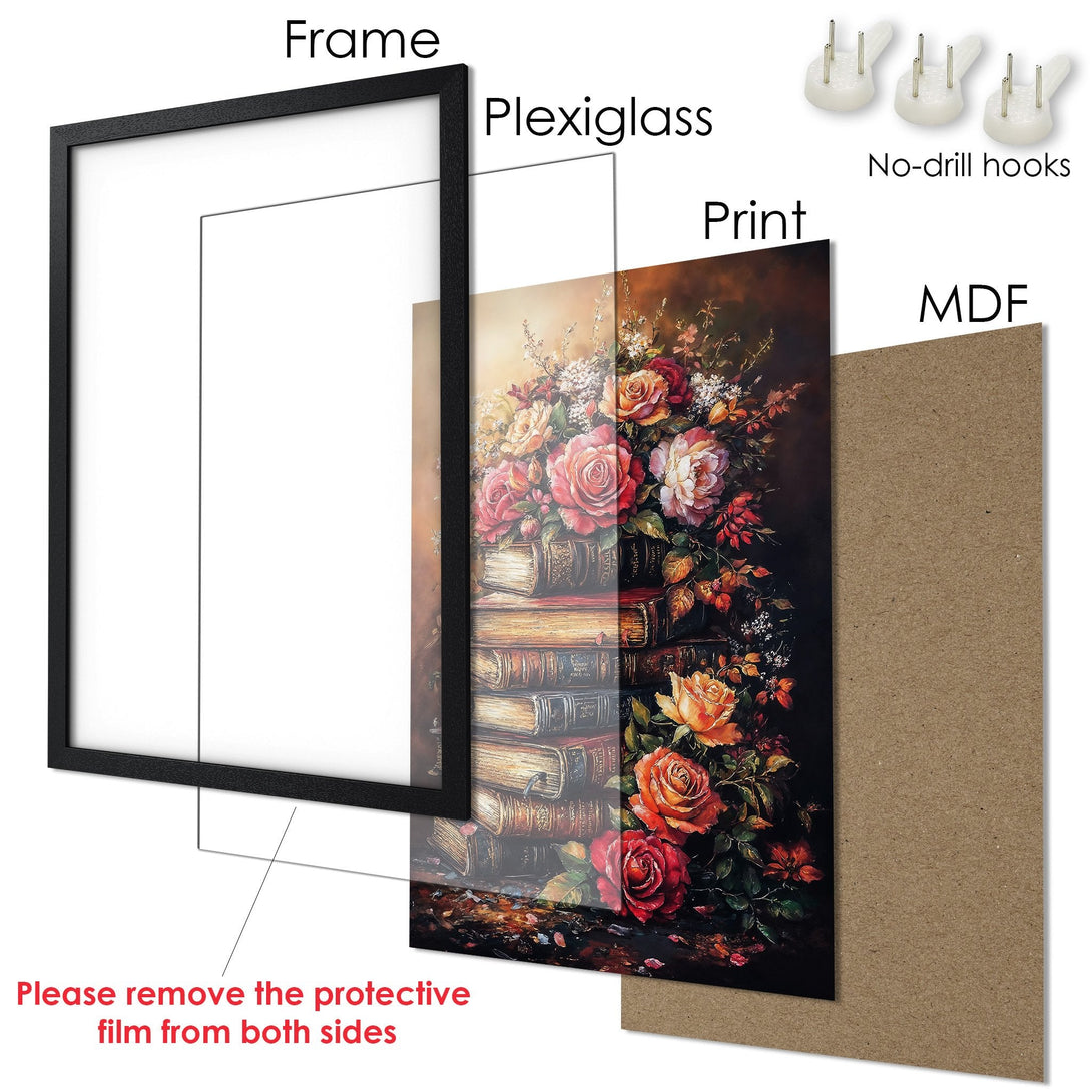 Framed Poster of floral still life art with a dark, moody color palette. Perfect wall decor!